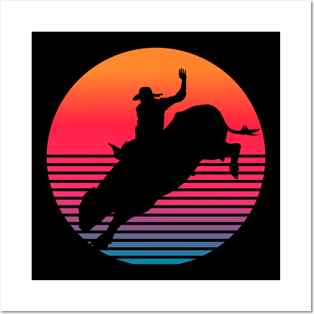 Rodeo Bull rider retro sunset Wall Art by Geoji 